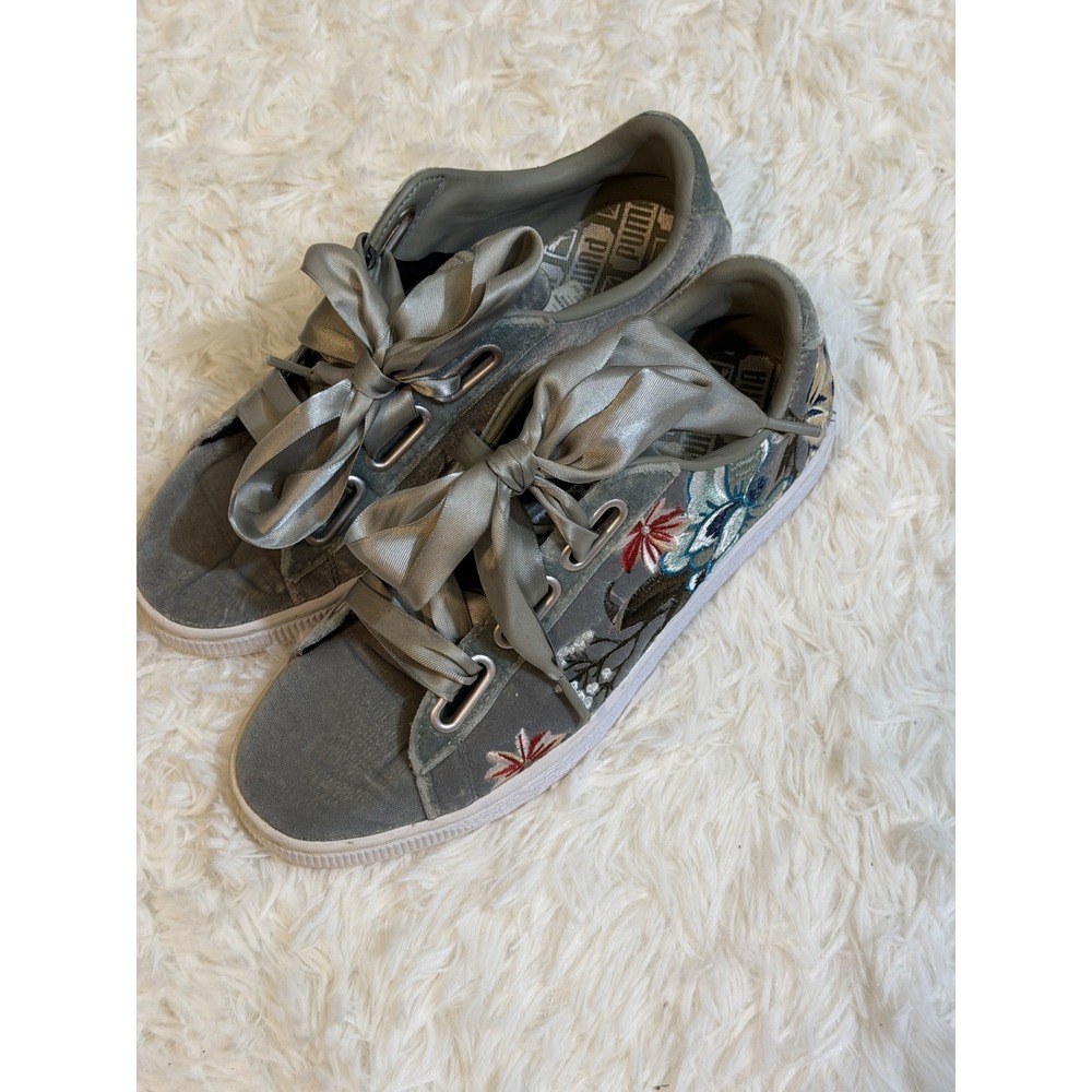 Puma Basket Heart Hyper Embroidered Women 7.5 Gray Floral Velvet Sneakers